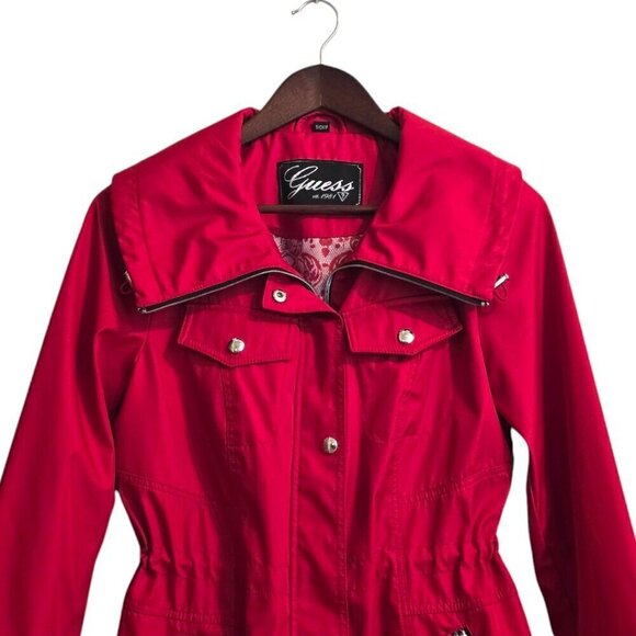 Guess Red Fitted Water Resistant Wing Collar Zip Front Coat Sz S - Picture 3 of 11